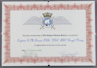 From the estate of Captain Eric M Brown An Honorary Membership certificate of The Gosport Aviation Society 21st February 2006 to Captain Eric M Brown CBE DSC AFC 8 1/2" x 12" 
