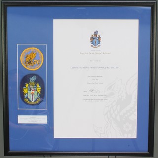 From the estate of Captain Eric M Brown Empire Test Pilots' School graduates certificate inscribed -This is to certify that Captain Eric "Winkle" Brown CBE DSC AFC is an honorary graduate from the Empire Test Pilots' School dated  December 12th 2013, framed together with 2 cloth badges  20" x 19 1/2" 