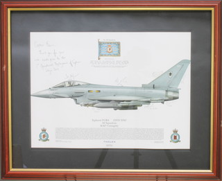 From the estate of Captain Eric M Brown  a coloured print of a Typhoon FGR4 of number XI Squadron RAF Coningsby with inscription "Captain Brown, Thank you for your wise words prior to first operational deployment of Typhoons Libya 2011" with various signatures 11" x 15 1/2" 