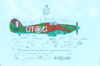 From the estate of Captain Eric M Brown a rectangular glass plate print Hawker Hurricane 1 of 257 Squadron Royal Air Force 1940 with various facsimile signatures 12" x 18" 