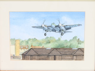 From the estate of Captain Eric M Brown a watercolour drawing, study of a Dehavilland Hornet in flight 8" x 12", the reverse marked Presented to Captain Eric Winkle Brown from your fellow members of The Smallfield and District Aviation Group 7th December 2004 together with a coloured print, Brian Clark, study of a spitfire
