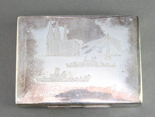 From the estate of Captain Eric M Brown a Russian silver presentation cigarette box, the lid engraved a bridge, buildings and 2 battleships, dated 15 1 1967 Bobby 11" x 4 1/2" x 3", marked to the edge 835S 
