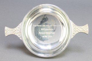 From the estate of Captain Eric M Brown a pewter twin handled quaich inscribed Captain Brown CBE DSC AFC FRAeS RN,  RAF Lossiemouth, Battle of Britain Night, 18th September 2009, boxed 