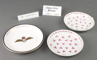 From the estate of Captain Eric M Brown a William Edwards circular bone china dish to commemorate the Centenary of the Fleet Air Arm 1909-2009 5", 2 Arzberg German porcelain dishes with floral decoration the bases marked EB 1978 4" together with 2 Captain Brown paper name cards 