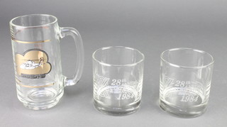 From the estate of Captain Eric M Brown, 2 etched glass tumblers to commemorate the 28th Annual Symposium of The Society of Experimental Test Pilots 1984 and a pint tankard decorated Sikorsky 76