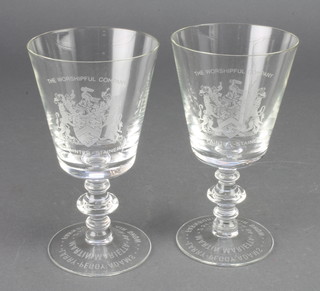 From the estate of Captain Eric M Brown 2 Worshipful Company of Painter Stainers etched glass goblets for the Farnborough Air Show, the bases etched Larry-Peggy Adams, Martin Marietta 2nd September 1984 Farnborough Air Show 
