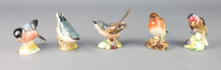 Five Beswick birds - Robin 980 3", Goldfinch 2273 3", Nut Hatch 2413 3", White Throat 2106 3" and 1 other 1049 2" 