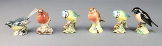 Six Beswick birds - Grey Wagtail 1041 3", Stone Chat 2274 3", Blue Tit 992 2 1/2", Robin 980 3", Blue Tit 992 3" and a Robin 9890 3" 