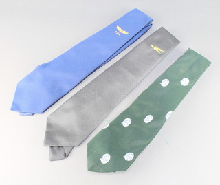 From the estate of Captain Eric M Brown a blue polyester FFA tie, a grey polyester AAA tie, a green polyester IPMS tie 
