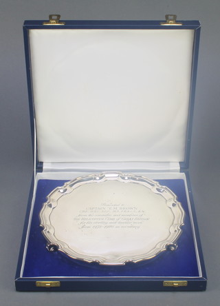 From the estate of Captain Eric M Brown a silver salver presented to Captain E M Brown CBE DSC AFC MA FRAes RN from the committee and members of The Helicopter Club of Great Britain for his stirling and tireless work from 1970 to 1986  as secretary, on scroll feet, 8" diam.  Sheffield 1986, 326 grams, contained in a presentation case 