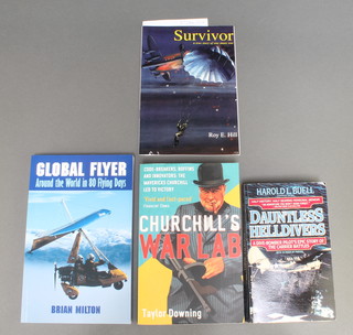 From the estate of Captain Eric M Brown, Harold L Buell, 1 volume "Dauntless Hell Divers" inscribed 22 February 1994 to Captain Eric Brown Top Tale Hooker of Carrier Aviation with best wishes from American Admirer Hul Buell, Taylor Downing 1 volume "Churchill's War Lab" signed to Eric and Jean Taylor Downing October 2011 (paperback), Brian Milton 1 volume "Global Flyer Around the World in Eighty Flying Days" signed for Eric Brown Brian Milton in appreciation of a flying career I could not emulate, Roy HIll 1 volume "Survivor" together with a hand written note dated 6th February 2014 signed Roy  