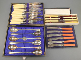 Three silver plated cased sets and minor cutlery and a walking stick