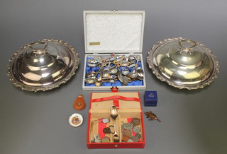 A pair of circular silver plated entrees and minor costume jewellery etc 