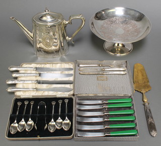 An Edwardian silver plated teapot, a ditto tazza and minor cutlery 