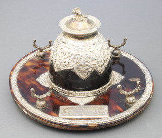 An Edwardian silver and tortoiseshell inkwell with double pen rack and presentation inscription London 1902 7" 