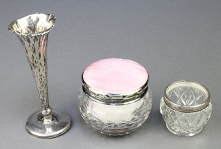 A tapered silver posy vase 5", rubbed marks, a silver mounted salt and a silver and guilloche powder bowl 