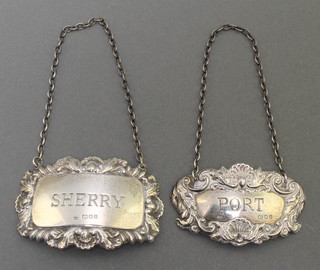 Two repousse silver spirit labels - Sherry and Port, London 1978 24 grams