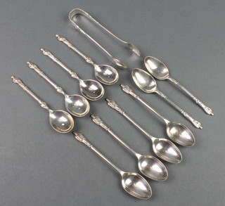 A set of 4 Victorian silver apostle teaspoons, Sheffield 1889 and 2 later ditto Sheffield 1925, 4 plated ditto and sugar nips