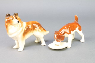 A Beswick figure of a terrier drinking milk from a plate 5 1/2" and a porcelain figure of a hound 6" 