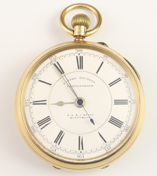 A gentleman's 18ct yellow gold chronograph pocket watch, the dial inscribed R.H and J.Sagar Blackburn 