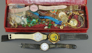 Minor costume jewellery and watches in an Edwardian trinket box