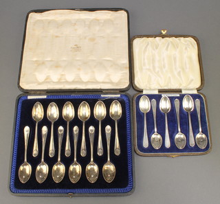 A cased set of 12 silver coffee spoons, Sheffield 1919, 144 grams, a set of 6 cased Sterling silver coffee spoons 60 grams 