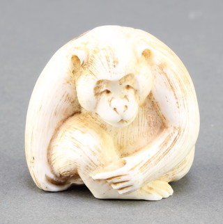 A Japanese carved ivory Netsuke in the form of a seated monkey, signed, 1 1/4" 