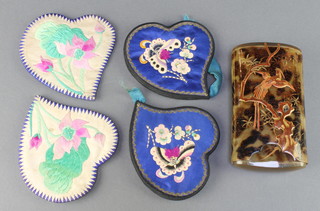 A Japanese faux tortoiseshell lacquered cigar case, 4 Chinese silk work ear muffs decorated butterflies and flowers 
