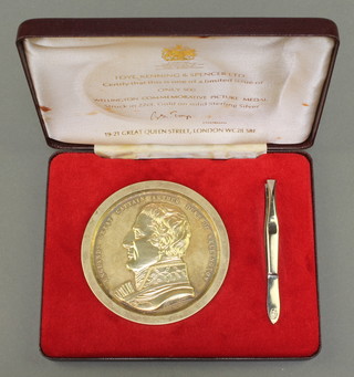 A Toye Kenning and Spencer silver gilt commemorative Wellington Picture Medal, containing printed battle histories with tweezers, boxed  120 grams