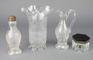 An Art Deco hexagonal glass 2 division ink well 2 1/4", 2 cut glass condiments and a celery vase 
