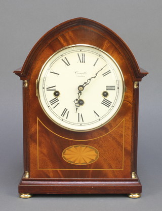 Franz Hermle Edwardian style striking bracket clock with painted dial and Roman numerals contained in a lancet inlaid mahogany case 