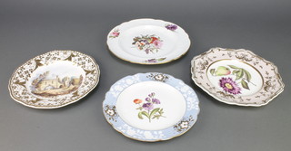 A 19th Century Spode dessert plate decorated with flowers within a gilt border no. 5877 9", a ditto with ruined scene - The Gate of Kirkham Priory Yorkshire 9", a  similar with blue floral border  2417 8 1/2" and a ditto decorated with Spring flowers 10"  