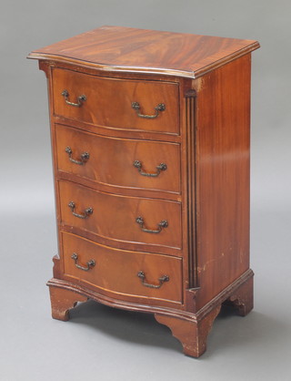 A Georgian style mahogany chest with crossbanded top, canted and fluted corners, fitted 4 long drawers, raised on bracket feet 30"h x 19"w x 13"d