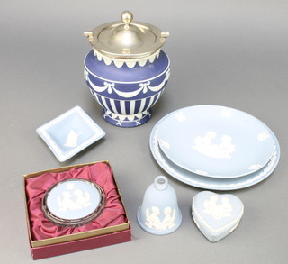 A Wedgwood Jasper biscuit barrel decorated with swags and flowers with plated mounts and swing handle 7 1/2", a ditto heart shaped box, bell, paperweight, diamond dish and 2 dishes 
