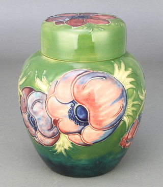 A Moorcroft green ground ginger jar and cover decorated with Anemone 6", impressed and painted marks 