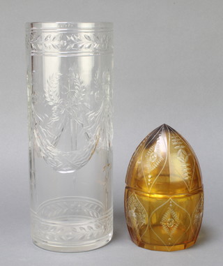 A Bohemian yellow flash ovoid box and cover 7", a Continental cylindrical vase with swags, festoons and torches 12" 