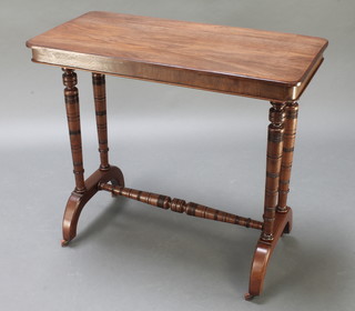 A late Victorian rectangular mahogany stretcher table raised on turned supports with H framed stretcher 28"h x 32"w x 16"d 
