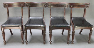 Downey, a set of 4 William IV bar back dining chairs with carved mid rails, concave drop in seats, raised on chamfered supports 