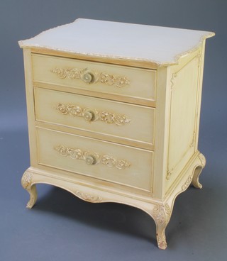 A French style white painted chest of serpentine outline fitted 3 long drawers, raised on bracket feet 29"h x 26"w x 20 1/2" 