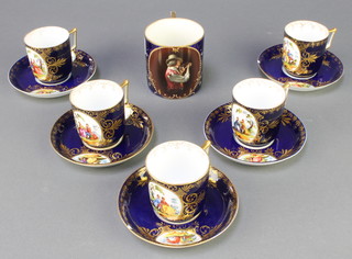 A Dresden coffee set comprising 5 coffee cups and 5 saucers, the blue and gilt ground with fete galant views together with a 19th Century Austrian cabinet cup, the blue ground with a portrait panel 