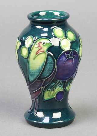 A green ground Moorcroft Finches oviform vase 4"