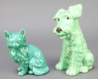A Sylvac green glazed Terrier 7 1/2", a turquoise glazed figure of a cat 5" 