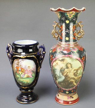 A 20th Century French blue ground and gilt decorated 2 handled vase with fete galant panel 14", a ditto oviform vase with scroll handles and classical panels 18" 