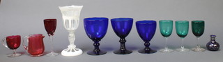 A 19th Century Bohemian white flash glazed goblet with vinous decoration and twist stem 8", minor coloured glassware 