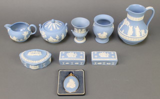 A Wedgwood blue Jasperware jug decorated with classical figures 6", 3 boxes, a sugar bowl, 2 vases, a jug and a limited edition plaque depicting Pope John Paul II 480/1000 
