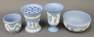 A Wedgwood blue Jasperware pedestal vase decorated with classical figures in a garden 7 1/2", a jardiniere bowl and flower vase