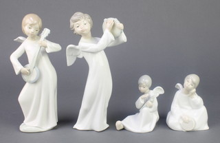 A Nao figure of an angel playing a lute 7", ditto with a tambourine 7", 2 seated ditto 3" 