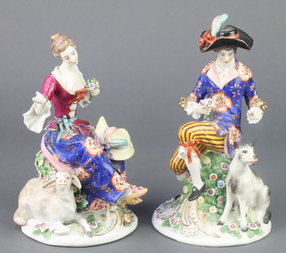 A pair of 19th Century Samson figures of seated lady with lamb and gentleman with hound on rococo bases 7 1/2" 
