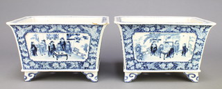 A good pair of 19th Century Chinese blue & white rectangular jardinieres, the lip with flormal scrolling decoration with panels of figures playing games and reading scrolls on pavilion terraces enclosed in a border of butterflies and flowers, raised on scroll feet 9 3/4"h