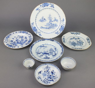 An 18th Century Chinese blue and white plate decorated with pavilions in landscape 11", a smaller ditto 9", an octagonal ditto with flowers in a garden 9", a ditto tea bowl decorated with flowers 3" , ditto saucer decorated with flowers 5 1/2", a tea bowl decorated garden landscapes 2 1/2" and a similar plate decorated with birds in a garden 9" 